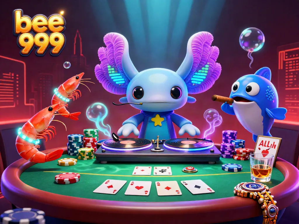 Experience the vibrant energy of bee 999 with a neon axolotl DJ and immersive poker scene.