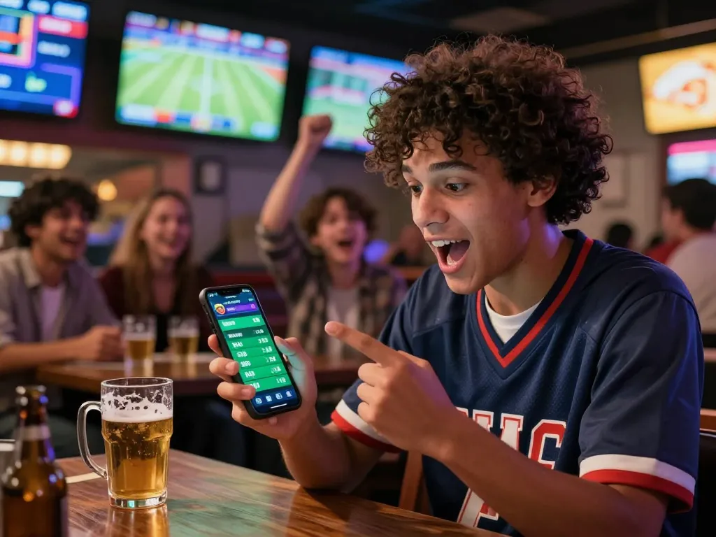 Kèo nhà cái sports betting action with friends celebrating and analyzing game odds in a lively bar.