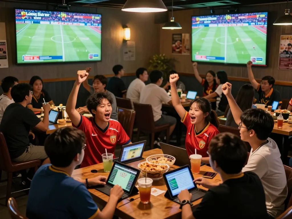 Lương Sơn TV live streaming in a packed sports bar with fans cheering and engaging, reflecting the excitement of sports betting.