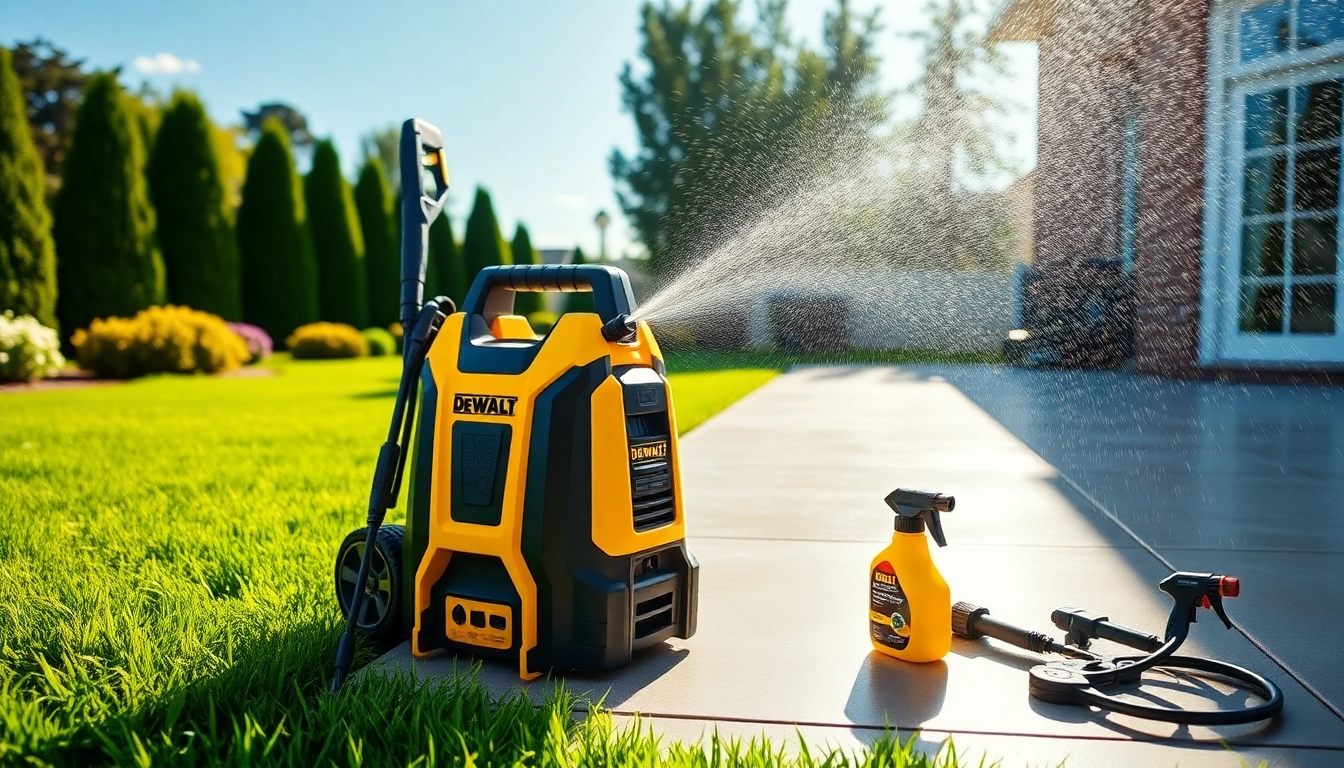 Deep clean with the dewalt pressure washer, showcasing powerful water spray on a patio.