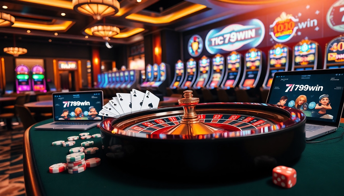 Experience the exciting world of 789win with vibrant casino elements including cards, chips, and slot machines.