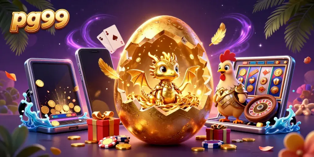 Experience thrilling gameplay with pg99's golden dragon and casino elements in a vibrant scene.