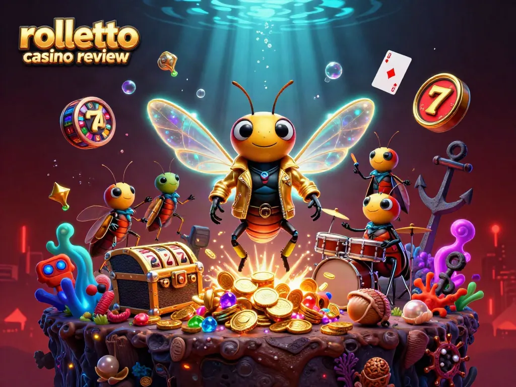 Experience the rolletto casino review with vibrant, dynamic 3D casino-themed illustration featuring rockstar characters.