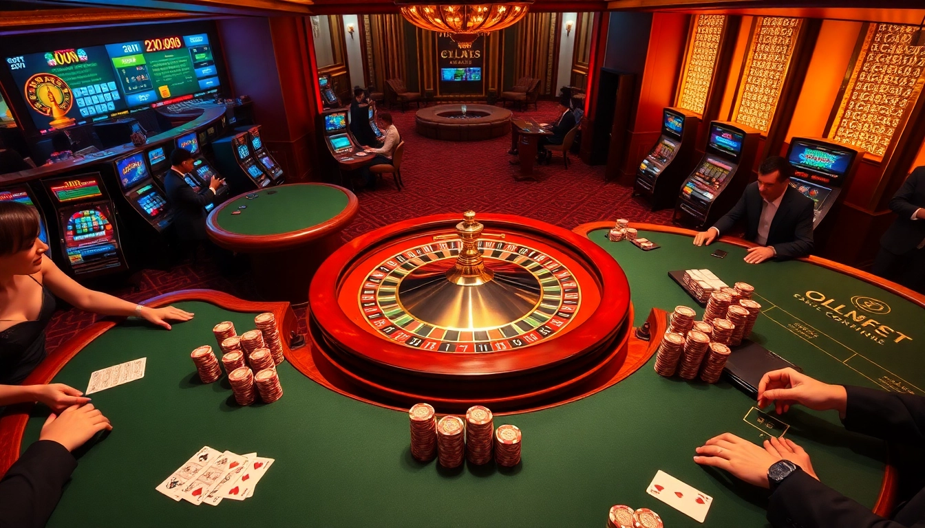 Experience the thrill of gambling at https://www.6l777.vip/ with an elegant casino scene featuring poker and roulette tables.
