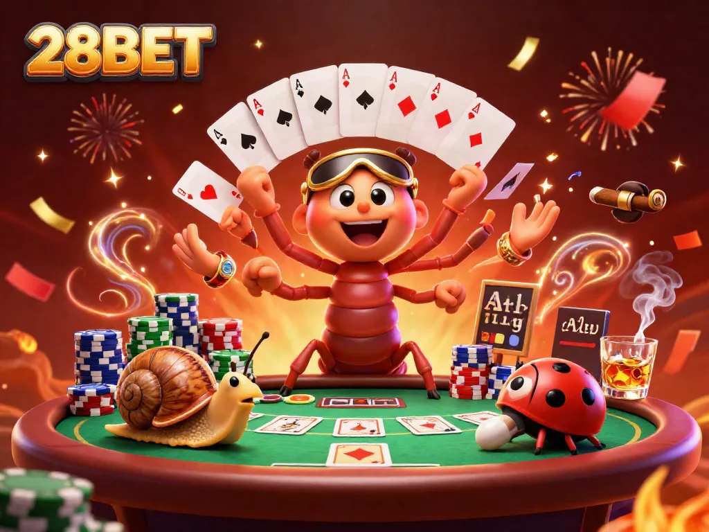 Experience thrilling action at 28BET with a millipede dealer and high-roller snail at the poker table.