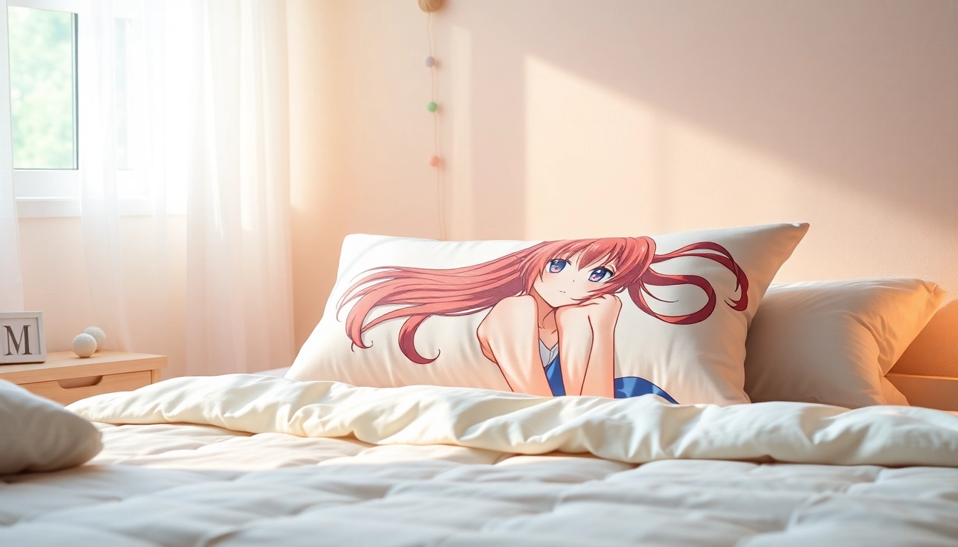 Relaxing with a uniquely designed dakimakura pillow featuring vibrant anime character prints.