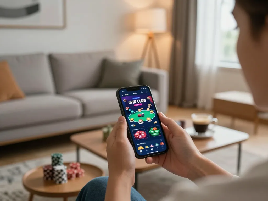 The user enjoys engaging gameplay on the iwinclub mobile app in a cozy home setting.