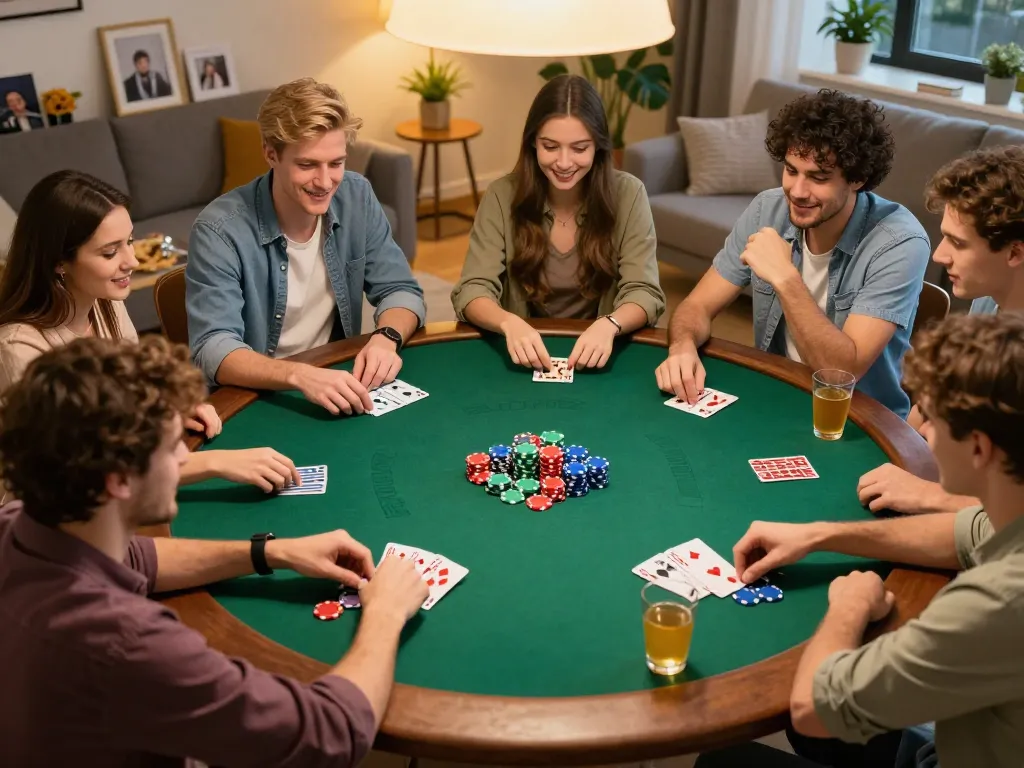 Engaging group of friends enjoying Hướng Dẫn poker night at home with colorful chips and cards.