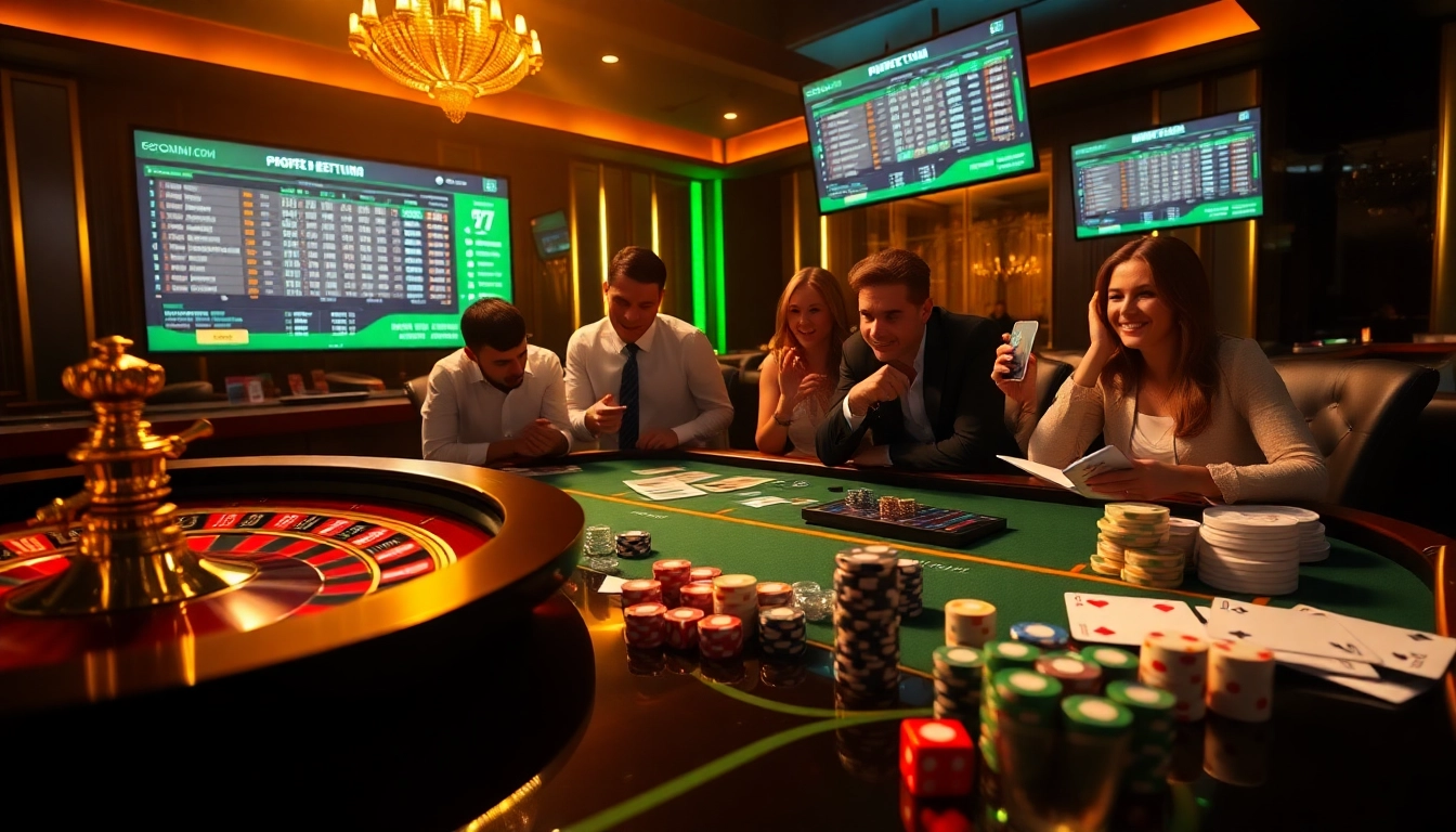 Tỷ lệ bóng đá trực tuyến displayed on vibrant betting screens in a luxurious casino environment.