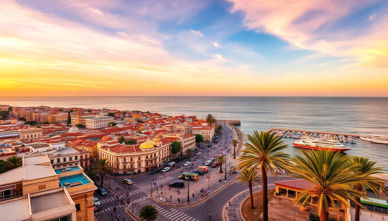 Explore the mesmerizing sunset view of Algiers, the capital of Algeria, showcasing the vibrant coastline.