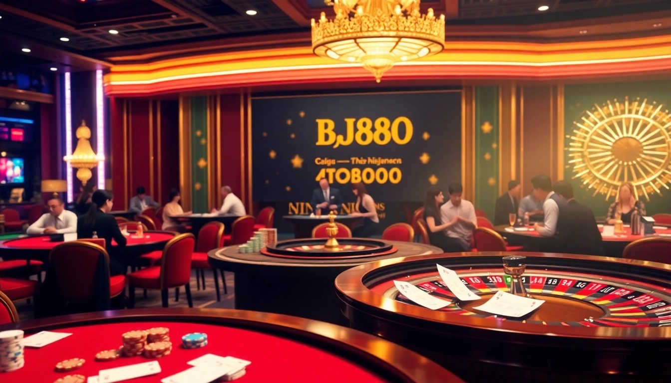 Experience the thrill of Đá Gà Thomo BJ888 in a luxurious online gambling atmosphere filled with vibrant casino elements.