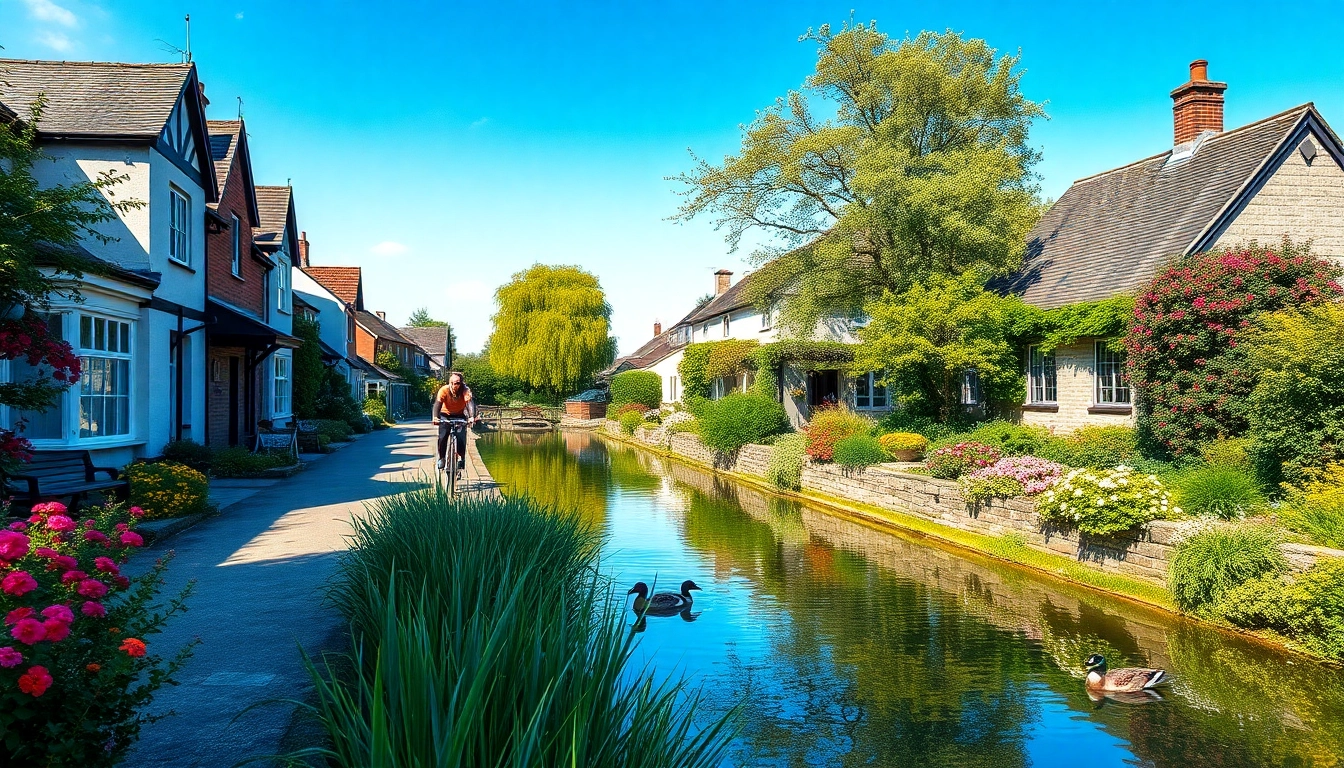 Pyrford village scene showcasing a quaint street with cottages and gardens.