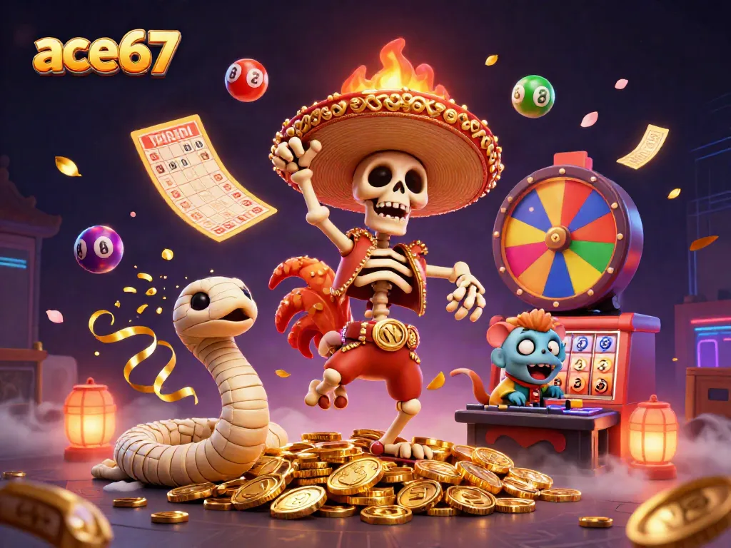 Experience the excitement of ace67 with a dynamic casino-themed celebration featuring vibrant characters and gold.