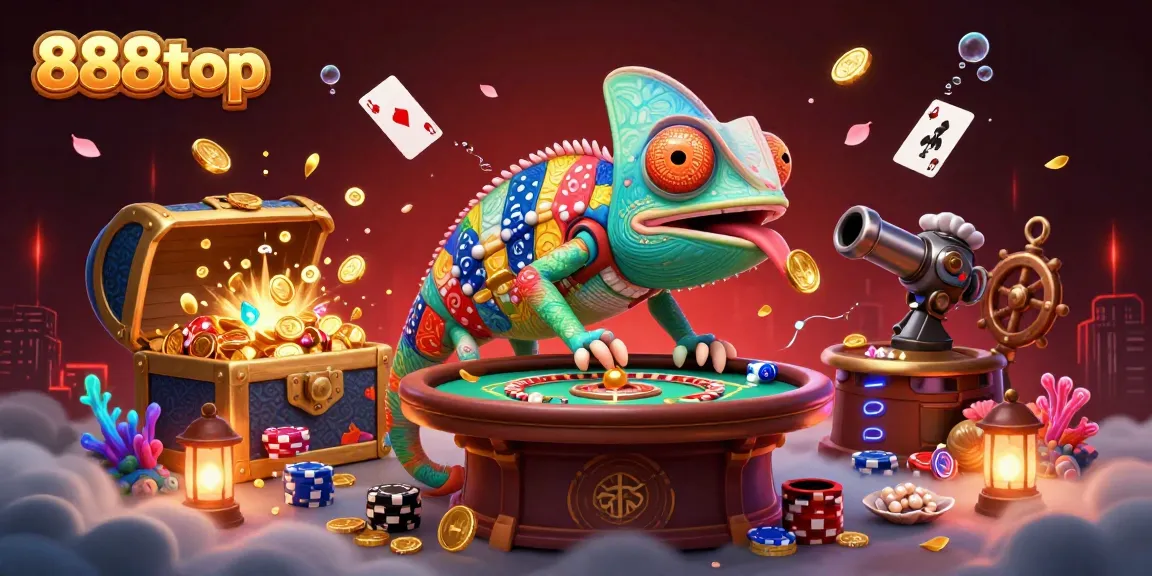 Engage with 888top’s vibrant 3D casino world, featuring a chameleon character surrounded by sparkling game elements.