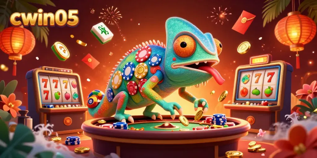 Engage with cwin05's vibrant casino world through a chameleon-themed illustration, showcasing exciting gaming elements.