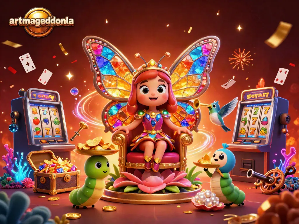 Engage in the thrilling world of artmageddonla with an extravagant 3D casino fantasy illustration featuring vibrant characters and lively elements.