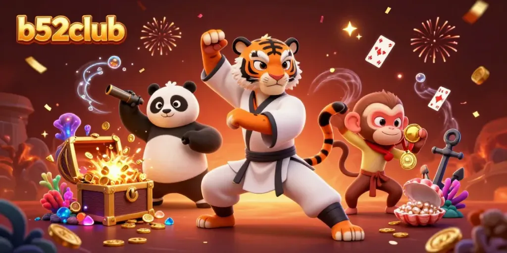 Experience b52club with engaging characters surrounded by gold coins and gems in a thrilling casino environment.