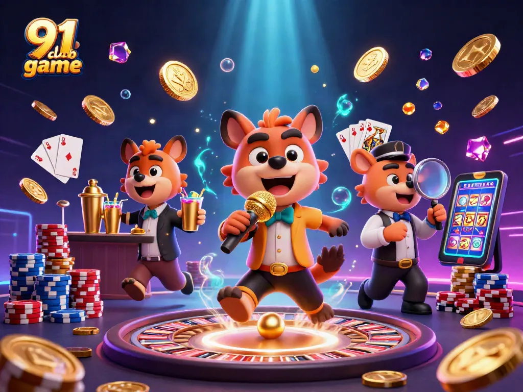 Experience the thrill of the 91 club game in a vibrant 3D casino illustration featuring animated hyenas.