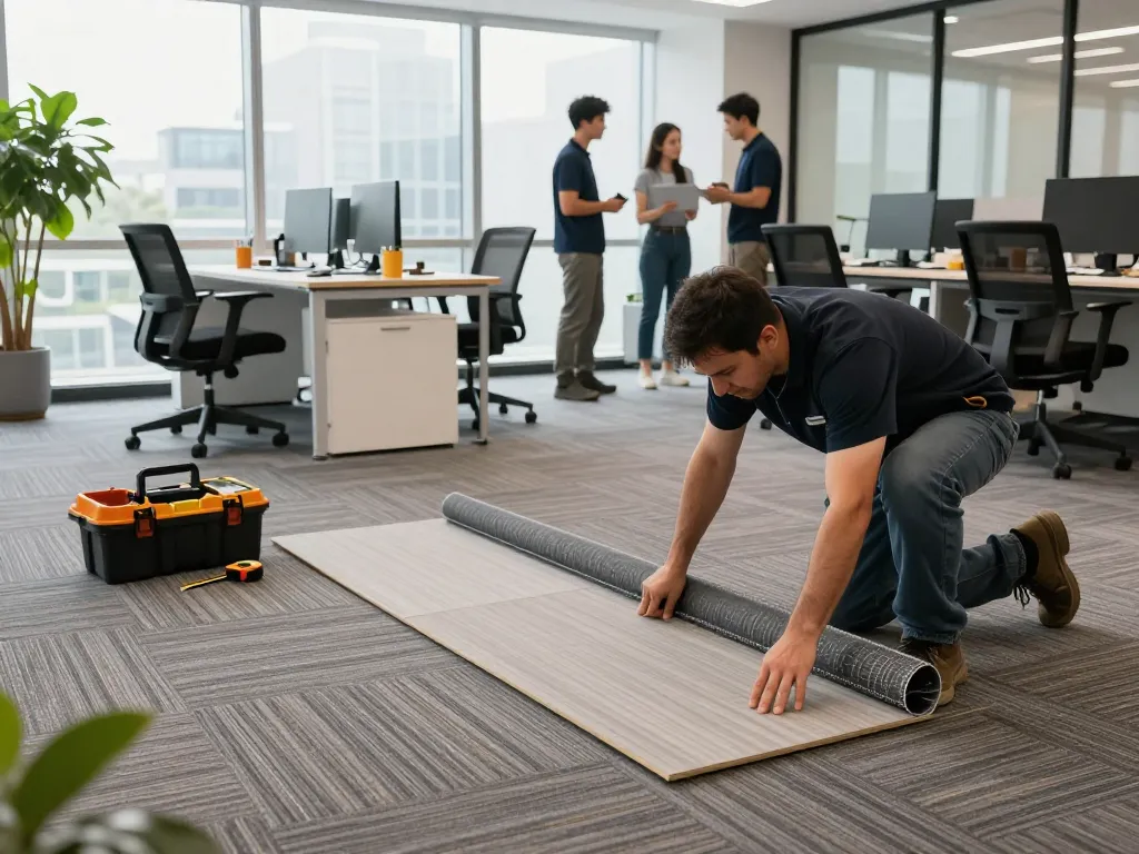 Skilled professional performing commercial carpet installation in a modern office space.
