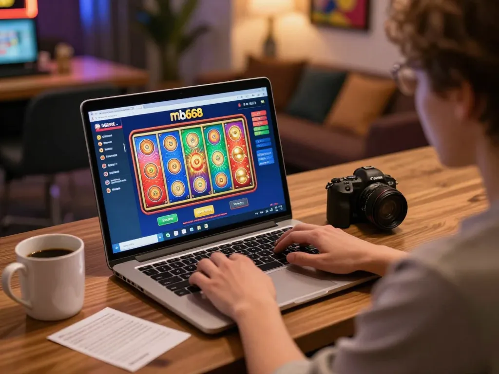 Engaging online gaming at mb668, showing player on laptop with vibrant slot interface