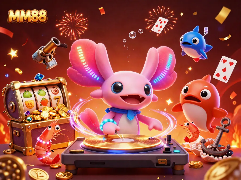 MM88 showcases an energetic underwater casino scene with vibrant gambling elements and animated characters.