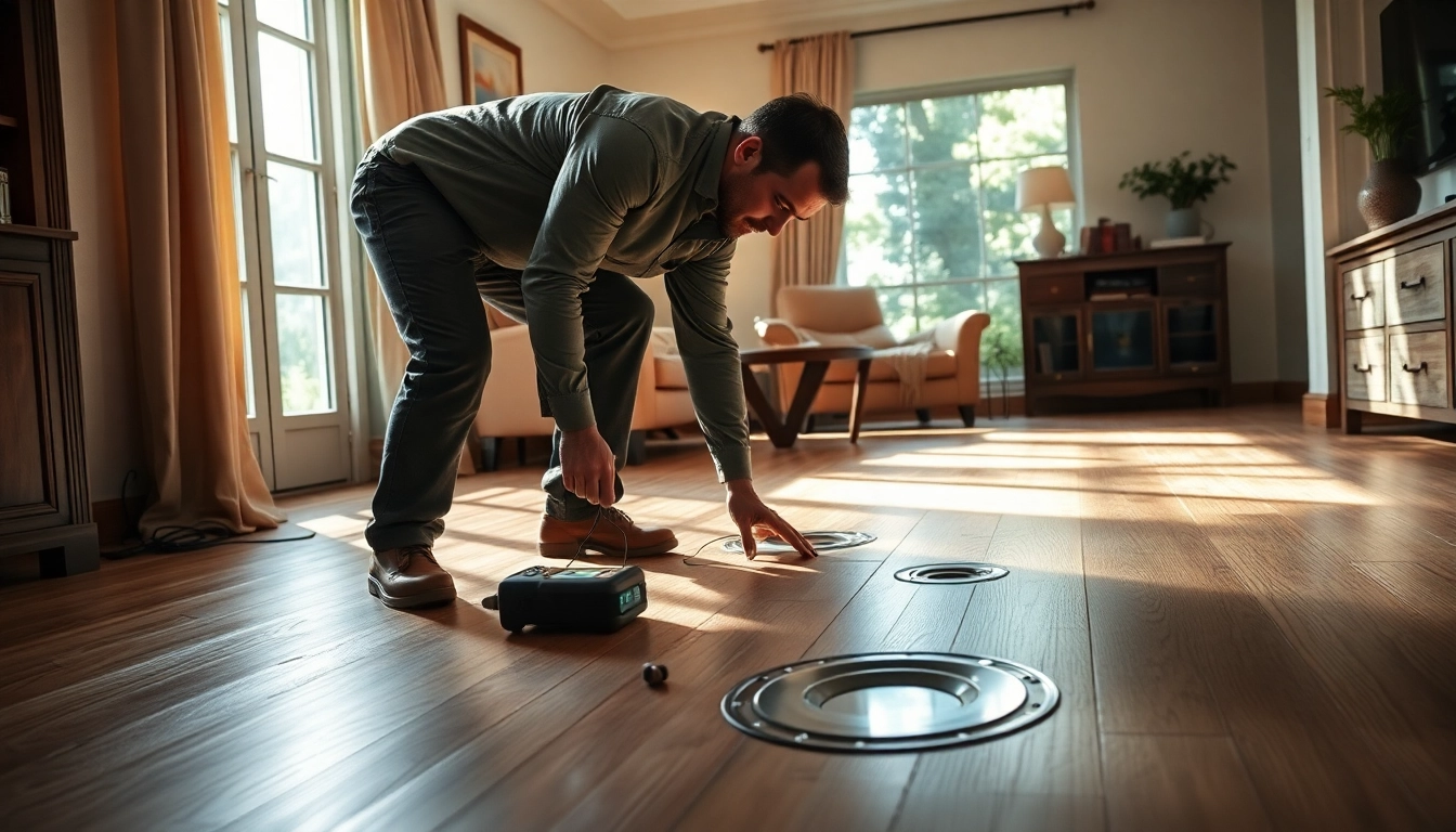 Expert technician conducting Underfloor Leak Detection amidst elegant wooden floors.