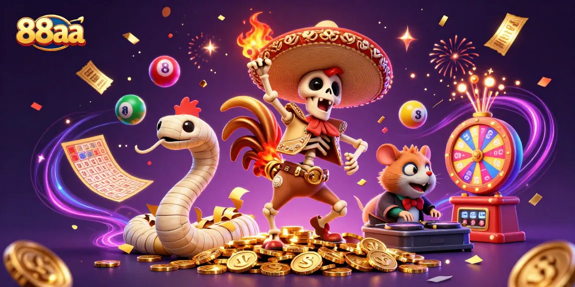 Experience thrilling wins at 88aa with dynamic lottery balls and vibrant casino elements in a festive scene.