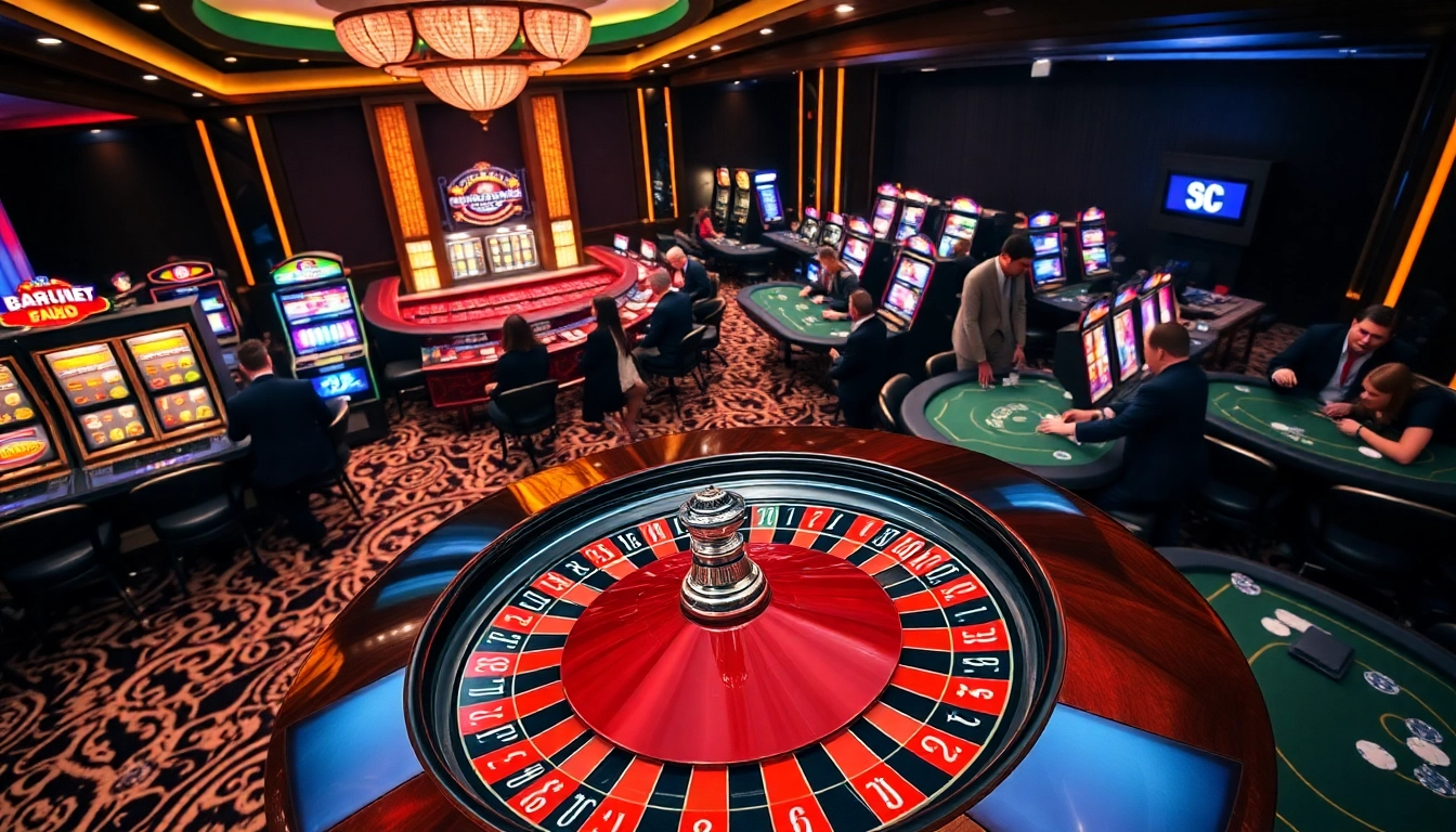 32Win gambling scene with poker tables, roulette wheels, and vibrant slot machines.