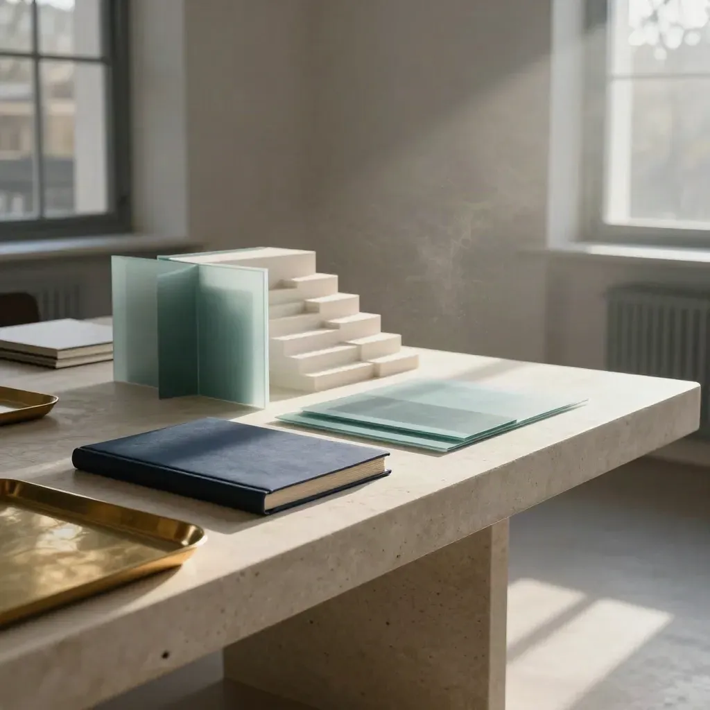 London consulting workspace with stone console, folio, brass tray and model in dawn mist.