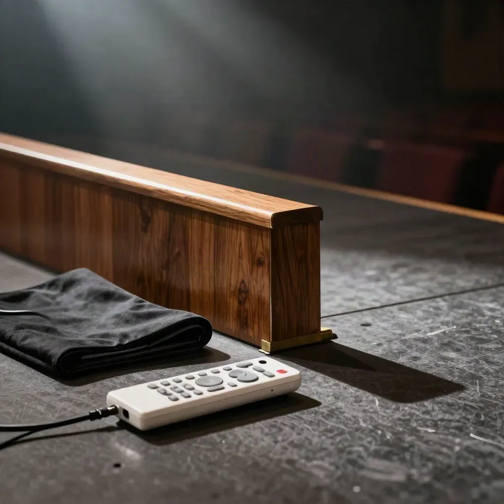 Walnut podium edge, stage cloth, cable and remote in an empty theatre corner before a talk