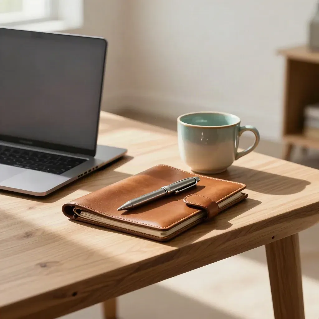 Closed laptop, leather folio, pen and ceramic cup on a walnut side table in warm loft light.