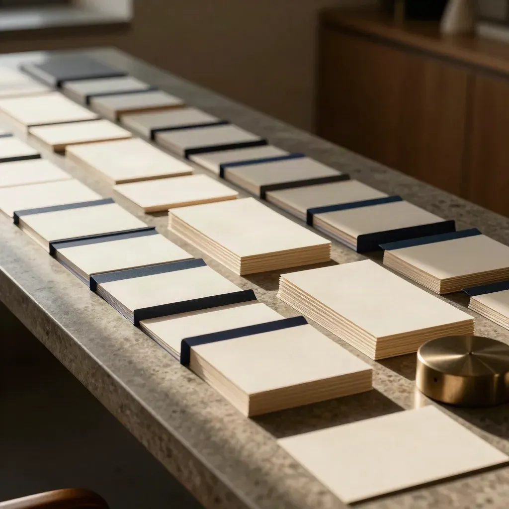 Organised advisory project board with tabs and a paperweight on a stone counter.