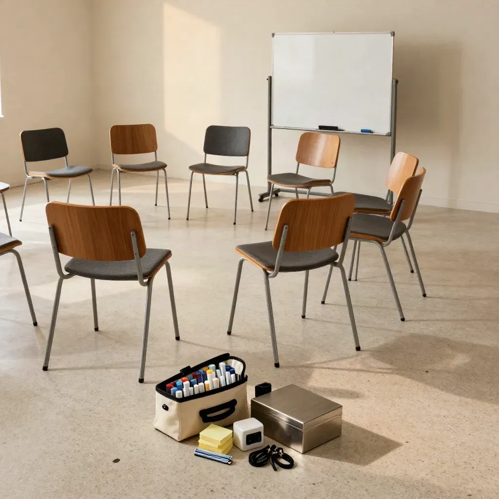 Reset workshop room with flipped chairs, blank whiteboard and a facilitation kit on travertine floor.