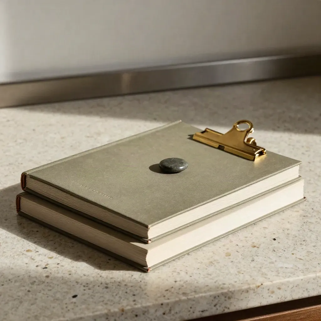Premium case study booklet pack with brass clip and stone weight on a studio table.