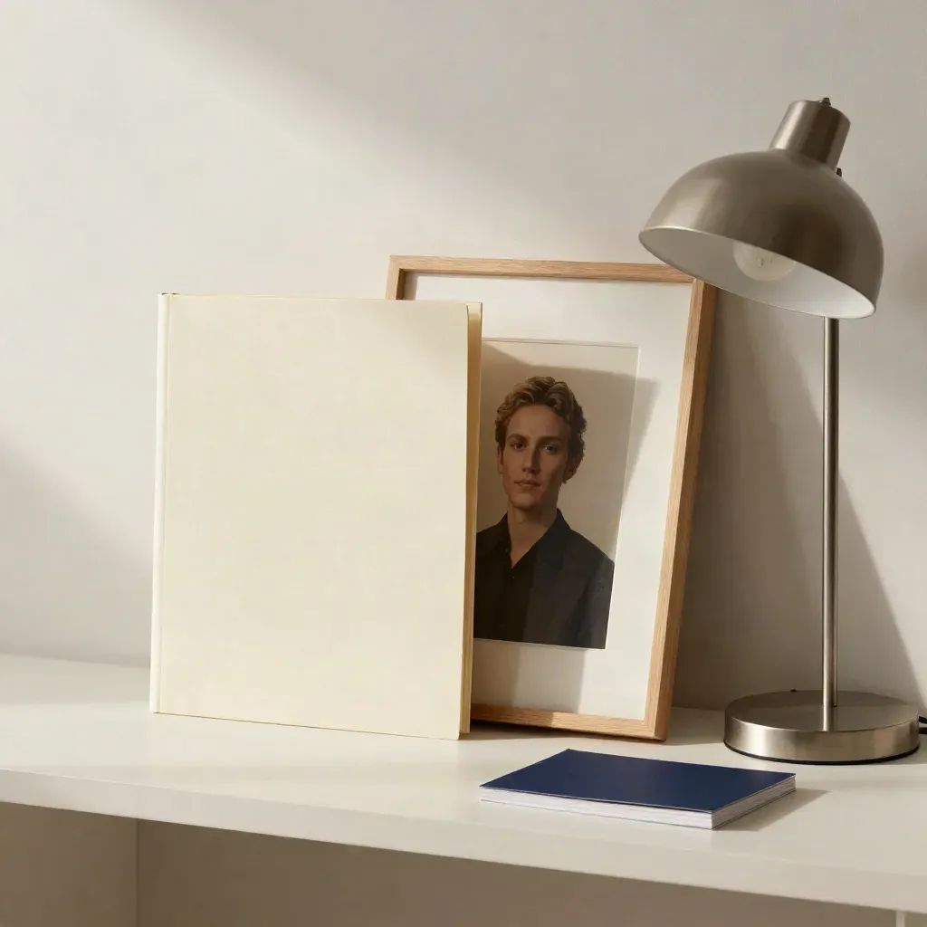 Cream folder, face-down portrait print, and minimal lamp on a pale shelf in warm morning light.