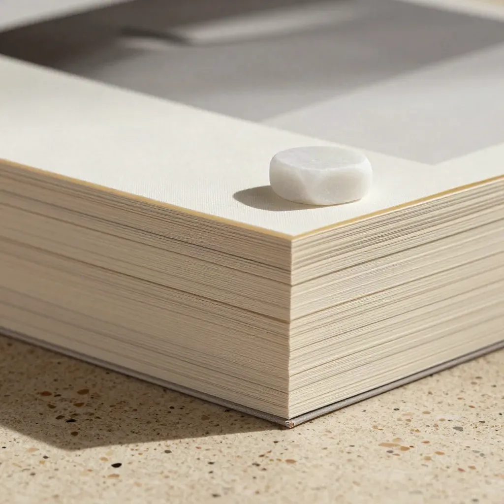 Cream case-study booklets with a white stone paperweight on travertine in soft studio light