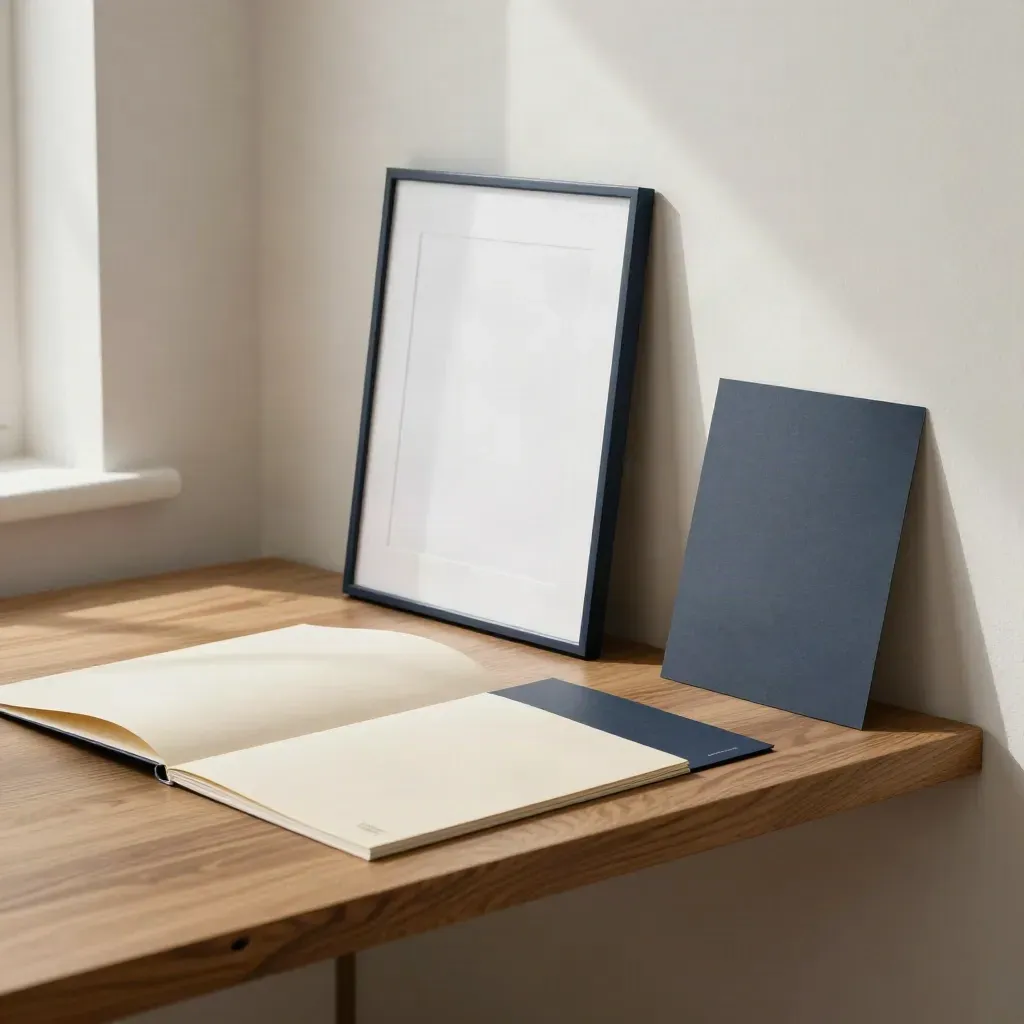 Blank frame and cream folder on a long shelf in a hazy, dramatic interior.