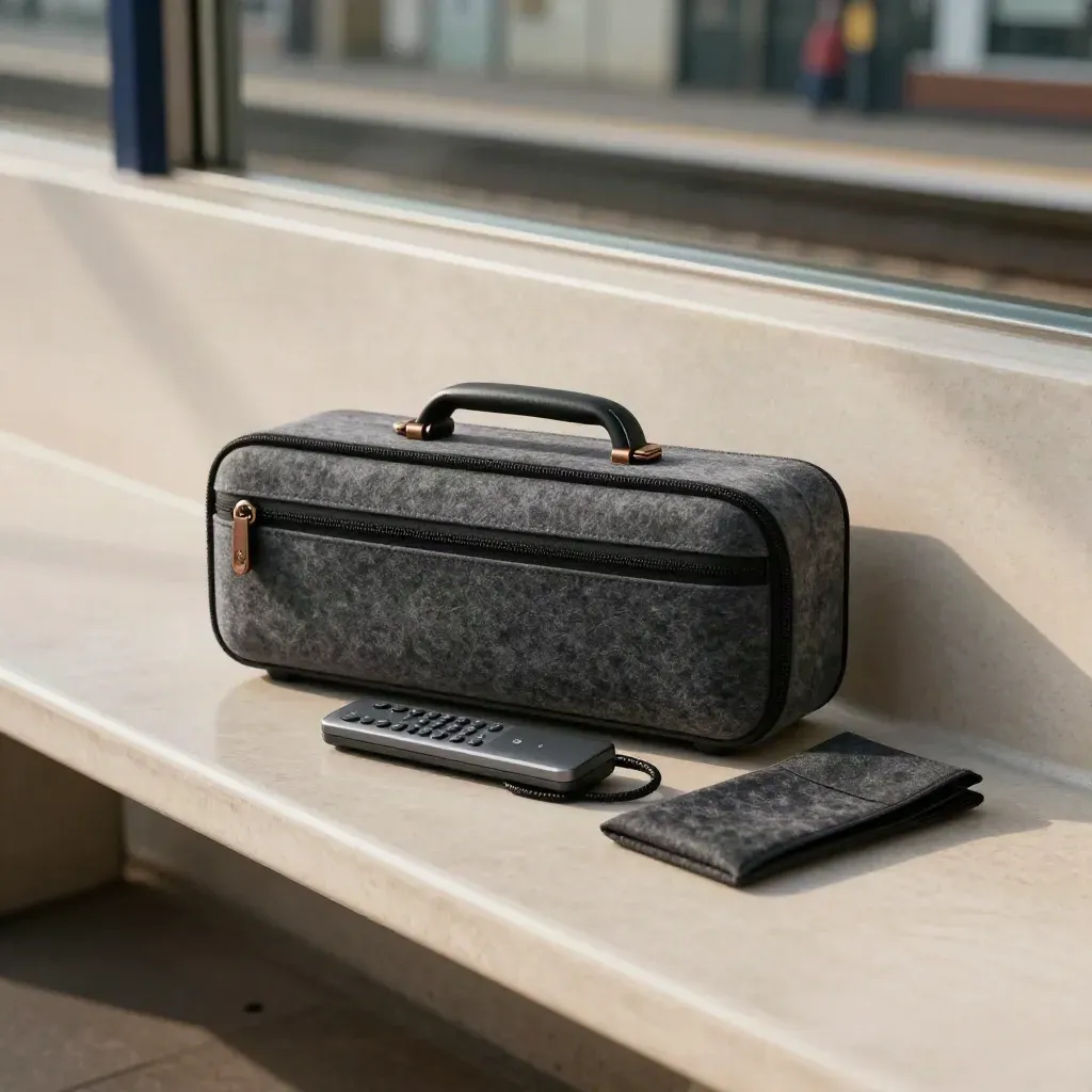 Speaker kit on a pale bench, zipped carry case with remote and cable in soft morning light.
