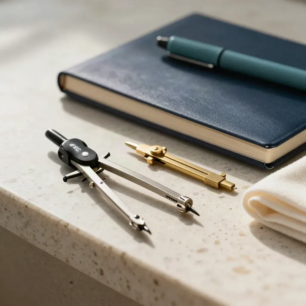 Macro still life of a compass, brass dividers and closed navy notebook on travertine.