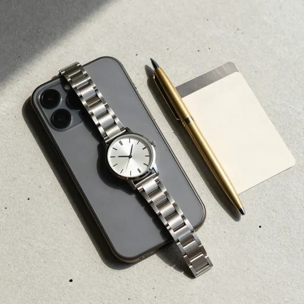 Overhead flatlay of phone, watch, brass pen and card holder on pale concrete for a book-a-call step.