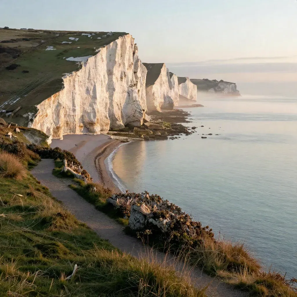 Sunlit chalk cliffs above a misty calm shoreline at dawn, wide and tranquil