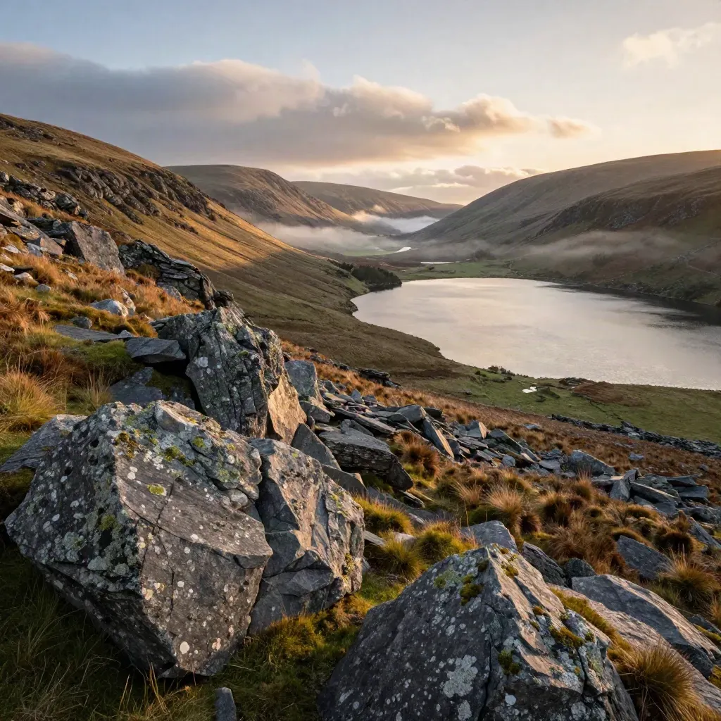 Golden-hour Lakeland tarn beneath slate fells and mist, calm water in the lower frame.