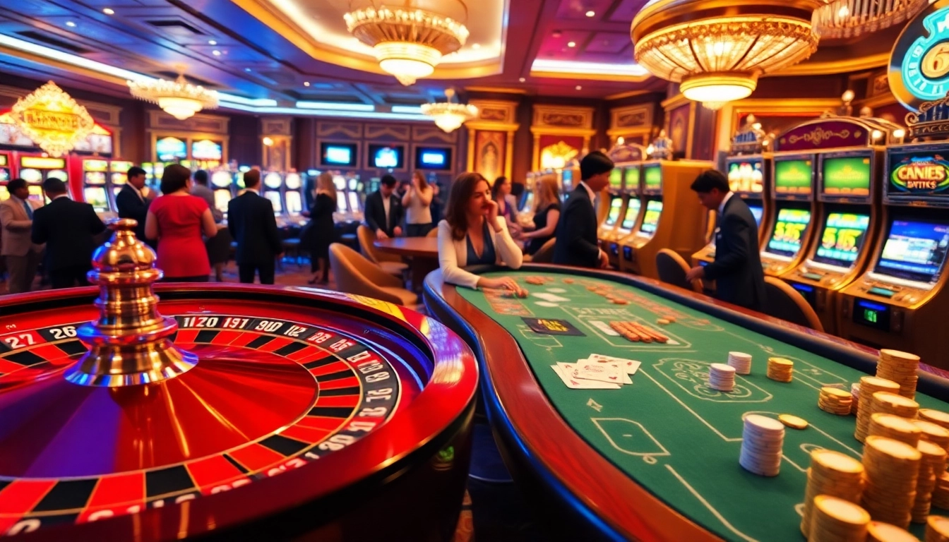 Players engaging with slot machines and poker tables at https://www.6rwin5.com/, showcasing excitement and luxury in gambling.
