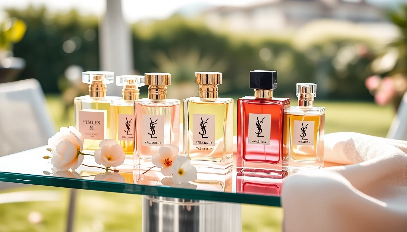Showcase of YSL perfume dupe bottles artfully arranged with floral accents.