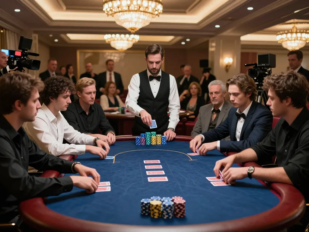 Players engaged in a serious poker showdown at a luxurious casino table, showcasing the excitement of rokok88 daftar.