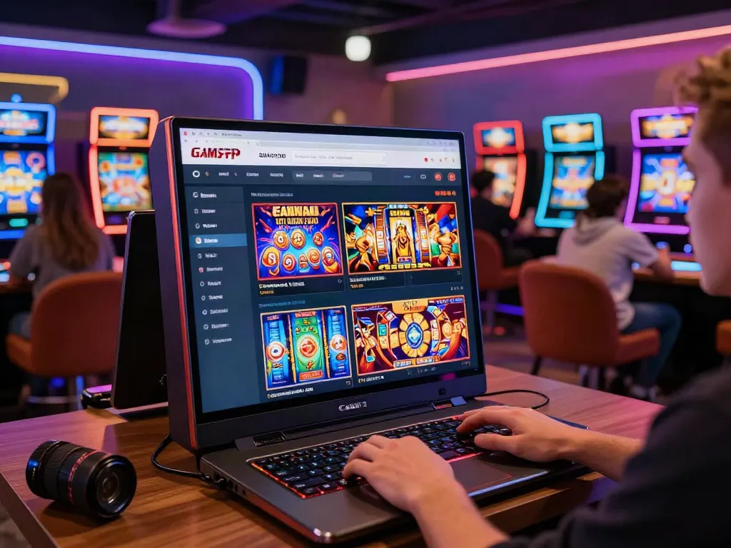 Engaging scene featuring non Gamstop casinos showcased on a digital device in a lively gaming lounge.