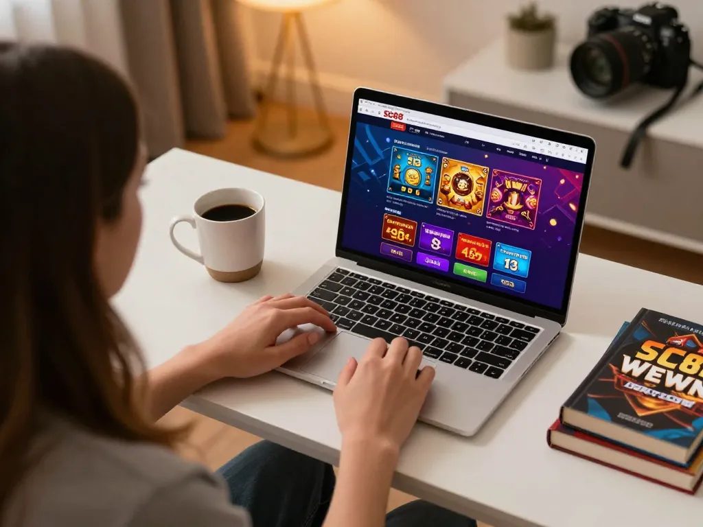 Engaging in online gambling at SC88 with a laptop showing vibrant casino games