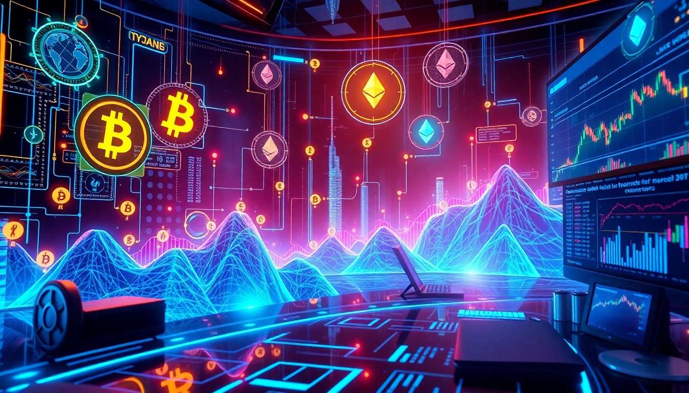 Cryptocurrency market visualization featuring Bitcoin, Ethereum logos, and blockchain network graphs, emphasizing trading innovation.