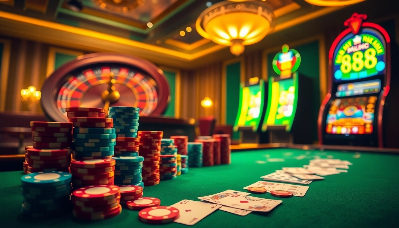 Experience thrilling poker action with 88i poker chips adorned on a vibrant casino table.