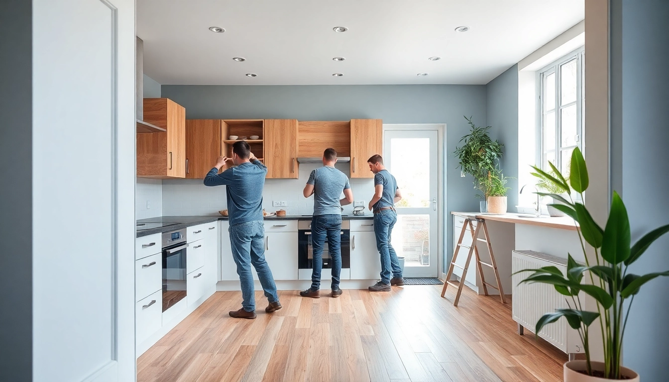Skilled kitchen fitters expertly installing cabinets in a modern kitchen renovation.
